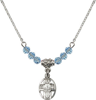 18" Rhodium Plated Necklace with 4mm Aqua Crystal Beads featuring a Sterling Silver 5-Way / Chalice Medal.