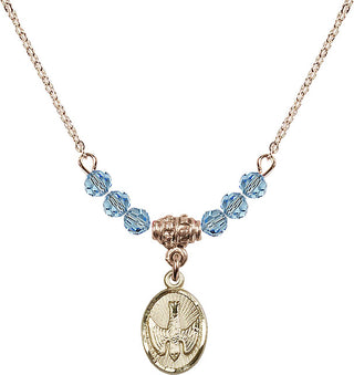18" Hamilton Gold Plated Necklace with 4mm Aqua Crystal Beads featuring a 14kt Gold Filled Holy Spirit Medal.