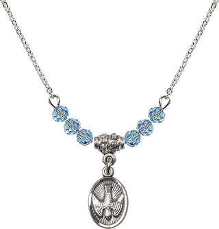 18" Rhodium Plated Necklace with 4mm Aqua Crystal Beads featuring a Sterling Silver Holy Spirit Medal.
