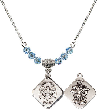 18" Rhodium Plated Necklace with 4mm Aqua Crystal Beads featuring a Sterling Silver Nat'l Guard Diamond Medal.