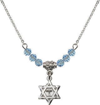 18" Rhodium Plated Necklace with 4mm Aqua Crystal Beads featuring a Sterling Silver Star of David with Cross Medal.