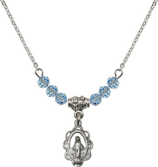 18" Rhodium Plated Necklace with 4mm Aqua Crystal Beads featuring a Sterling Silver Miraculous Medal.