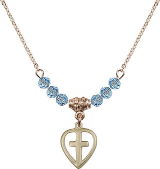 18" Hamilton Gold Plated Necklace with 4mm Aqua Crystal Beads featuring a 14kt Gold Filled Heart / Cross Medal.