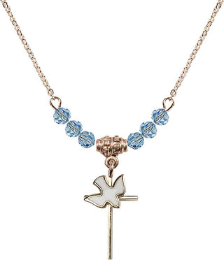18" Hamilton Gold Plated Necklace with 4mm Aqua Crystal Beads featuring a 14kt Gold Filled Cross / Holy Spirit Medal.