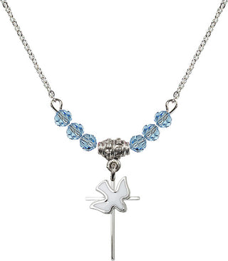 18" Rhodium Plated Necklace with 4mm Aqua Crystal Beads featuring a Sterling Silver Cross / Holy Spirit Medal.