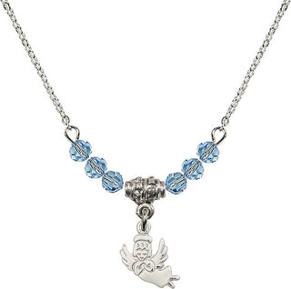 18" Rhodium Plated Necklace with 4mm Aqua Crystal Beads featuring a Sterling Silver Guardian Angel Medal.