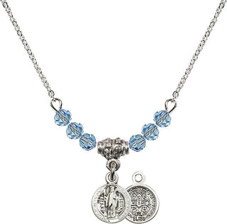 18" Rhodium Plated Necklace with 4mm Aqua Crystal Beads featuring a Sterling Silver Saint Benedict Medal.