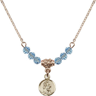 18" Hamilton Gold Plated Necklace with 4mm Aqua Crystal Beads featuring a 14kt Gold Filled Saint Christopher Medal.