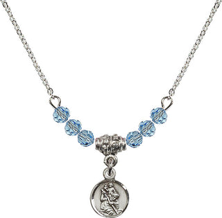 18" Rhodium Plated Necklace with 4mm Aqua Crystal Beads featuring a Sterling Silver Saint Christopher Medal.