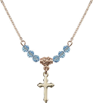 18" Hamilton Gold Plated Necklace with 4mm Aqua Crystal Beads featuring a 14kt Gold Filled Cross Medal.