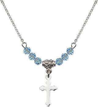 18" Rhodium Plated Necklace with 4mm Aqua Crystal Beads featuring a Sterling Silver Cross Medal.