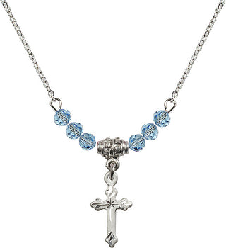 18" Rhodium Plated Necklace with 4mm Aqua Crystal Beads featuring a Sterling Silver Cross Medal.