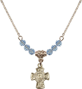 18" Hamilton Gold Plated Necklace with 4mm Aqua Crystal Beads featuring a 14kt Gold Filled 5-Way Medal.