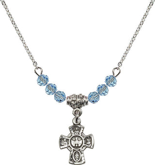 18" Rhodium Plated Necklace with 4mm Aqua Crystal Beads featuring a Sterling Silver 5-Way Medal.