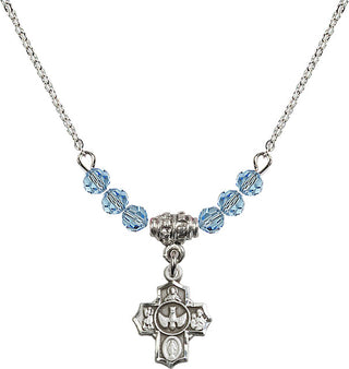 18" Rhodium Plated Necklace with 4mm Aqua Crystal Beads featuring a Sterling Silver 5-Way Medal.