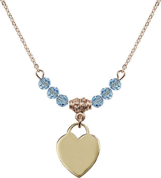 18" Hamilton Gold Plated Necklace with 4mm Aqua Crystal Beads featuring a 14kt Gold Filled Heart Medal. Engraved Catholic Saint Jewelry
