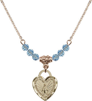 18" Hamilton Gold Plated Necklace with 4mm Aqua Crystal Beads featuring a 14kt Gold Filled Miraculous Heart Medal. Engraved Catholic Saint Jewelry