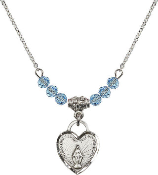 18" Rhodium Plated Necklace with 4mm Aqua Crystal Beads featuring a Sterling Silver Miraculous Heart Medal. Engraved Catholic Saint Jewelry