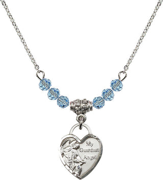 18" Rhodium Plated Necklace with 4mm Aqua Crystal Beads featuring a Sterling Silver Guardian Angel Heart Medal. Engraved Catholic Saint Jewelry
