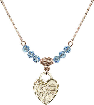 18" Hamilton Gold Plated Necklace with 4mm Aqua Crystal Beads featuring a 14kt Gold Filled Saint Michael Heart Medal. Engraved Catholic Saint Jewelry