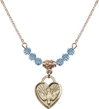 18" Hamilton Gold Plated Necklace with 4mm Aqua Crystal Beads featuring a 14kt Gold Filled Confirmation Heart Medal. Engraved Catholic Saint Jewelry
