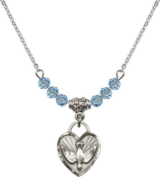 18" Rhodium Plated Necklace with 4mm Aqua Crystal Beads featuring a Sterling Silver Confirmation Heart Medal. Engraved Catholic Saint Jewelry