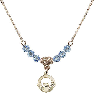 18" Hamilton Gold Plated Necklace with 4mm Aqua Crystal Beads featuring a 14kt Gold Filled Claddagh Medal.