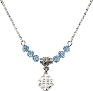 18" Rhodium Plated Necklace with 4mm Aqua Crystal Beads featuring a Sterling Silver Jerusalem Cross Medal.