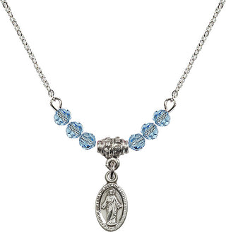 18" Rhodium Plated Necklace with 4mm Aqua Crystal Beads featuring a Sterling Silver Scapular Medal.