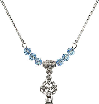 18" Rhodium Plated Necklace with 4mm Aqua Crystal Beads featuring a Sterling Silver Celtic Cross Medal.