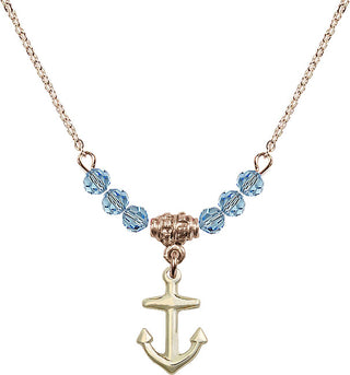 18" Hamilton Gold Plated Necklace with 4mm Aqua Crystal Beads featuring a 14kt Gold Filled Anchor Medal.