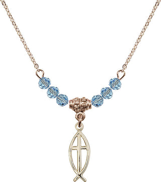 18" Hamilton Gold Plated Necklace with 4mm Aqua Crystal Beads featuring a 14kt Gold Filled Fish / Cross Medal.