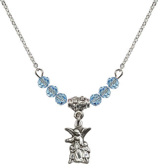 18" Rhodium Plated Necklace with 4mm Aqua Crystal Beads featuring a Sterling Silver Guardian Angel Medal.