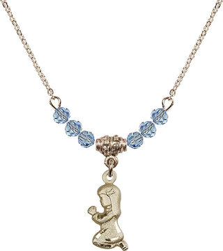 18" Hamilton Gold Plated Necklace with 4mm Aqua Crystal Beads featuring a 14kt Gold Filled Praying Girl Medal.