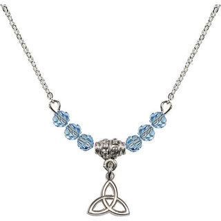 18" Rhodium Plated Necklace with 4mm Aqua Crystal Beads featuring a Sterling Silver Trinity Irish Knot Medal.