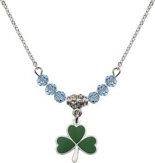 18" Rhodium Plated Necklace with 4mm Aqua Crystal Beads featuring a Sterling Silver Shamrock Medal.