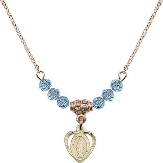 18" Hamilton Gold Plated Necklace with 4mm Aqua Crystal Beads featuring a 14kt Gold Filled Miraculous Medal.