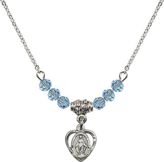 18" Rhodium Plated Necklace with 4mm Aqua Crystal Beads featuring a Sterling Silver Miraculous Medal.