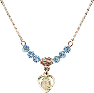 18" Hamilton Gold Plated Necklace with 4mm Aqua Crystal Beads featuring a 14kt Gold Filled Scapular Medal.