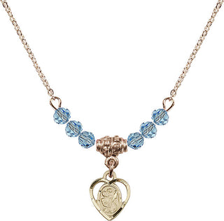 18" Hamilton Gold Plated Necklace with 4mm Aqua Crystal Beads featuring a 14kt Gold Filled Saint Christopher Medal. Engraved Catholic Saint Jewelry