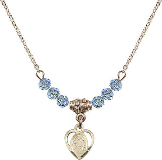 18" Hamilton Gold Plated Necklace with 4mm Aqua Crystal Beads featuring a 14kt Gold Filled Guardian Angel Medal. Engraved Catholic Saint Jewelry