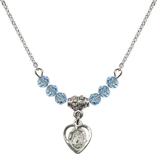 18" Rhodium Plated Necklace with 4mm Aqua Crystal Beads featuring a Sterling Silver Infant Medal. Engraved Catholic Saint Jewelry