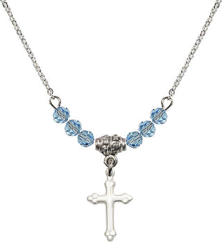 18" Rhodium Plated Necklace with 4mm Aqua Crystal Beads featuring a Sterling Silver Cross Medal.
