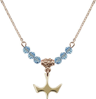 18" Hamilton Gold Plated Necklace with 4mm Aqua Crystal Beads featuring a 14kt Gold Filled Holy Spirit Medal.