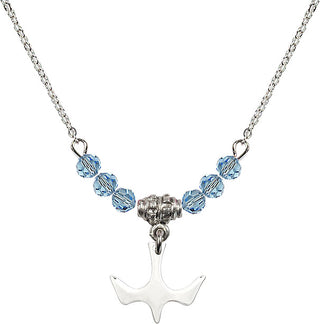 18" Rhodium Plated Necklace with 4mm Aqua Crystal Beads featuring a Sterling Silver Holy Spirit Medal.
