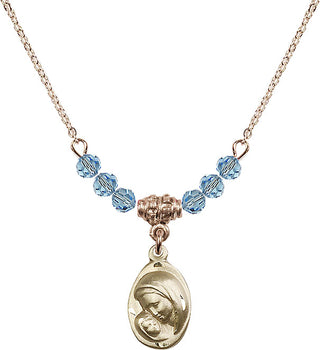 18" Hamilton Gold Plated Necklace with 4mm Aqua Crystal Beads featuring a 14kt Gold Filled Madonna & Child Medal.