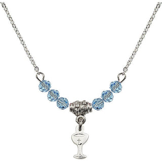 18" Rhodium Plated Necklace with 4mm Aqua Crystal Beads featuring a Sterling Silver Chalice Medal.