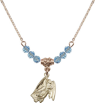 18" Hamilton Gold Plated Necklace with 4mm Aqua Crystal Beads featuring a 14kt Gold Filled Guardian Angel Medal.