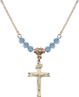 18" Hamilton Gold Plated Necklace with 4mm Aqua Crystal Beads featuring a 14kt Gold Filled Crucifix Medal.