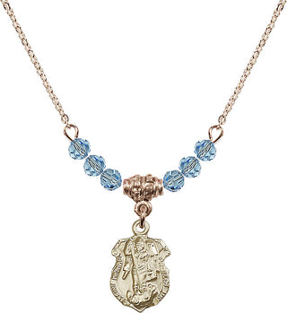 18" Hamilton Gold Plated Necklace with 4mm Aqua Crystal Beads featuring a 14kt Gold Filled Saint Michael the Archangel Medal. Engraved Catholic Saint Jewelry